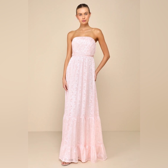 Lulu’s Adorably Elegant Blush Pink Jacquard Floral Satin Stripe Strapless Maxi - Picture 2 of 10